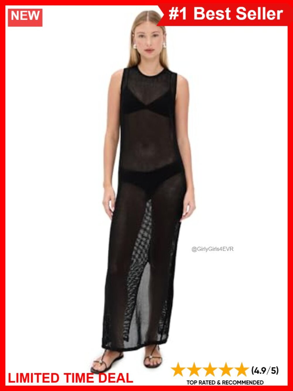 Open Knit Maxi Swim Cover-Up Dress Back Slit Beach Pool Casual